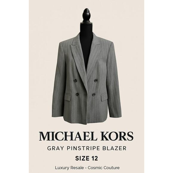 Michael Kors Gray Pinstripe Double-Breasted Blazer - Size 12 - Picture 1 of 10